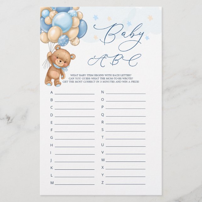 Baby Alphabet ABC Jeu Teddy Bear Baby shower (Devant)