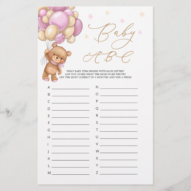 Baby Alphabet ABC Jeu Teddy Bear Baby shower (Devant)