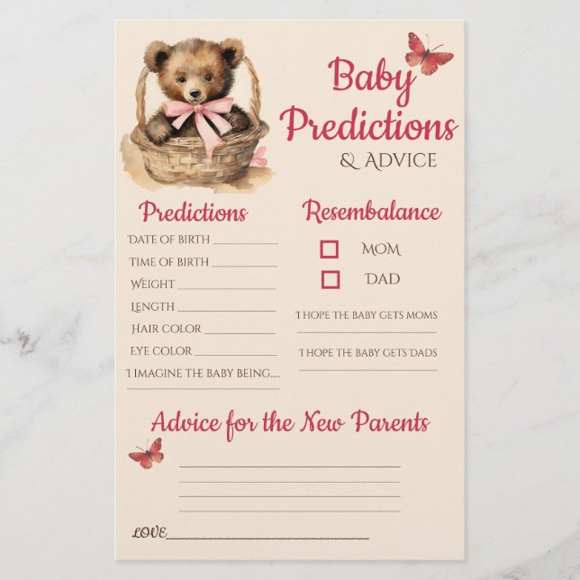 Baby Bear Girl Baby Predictions Carte de conseil (Devant)