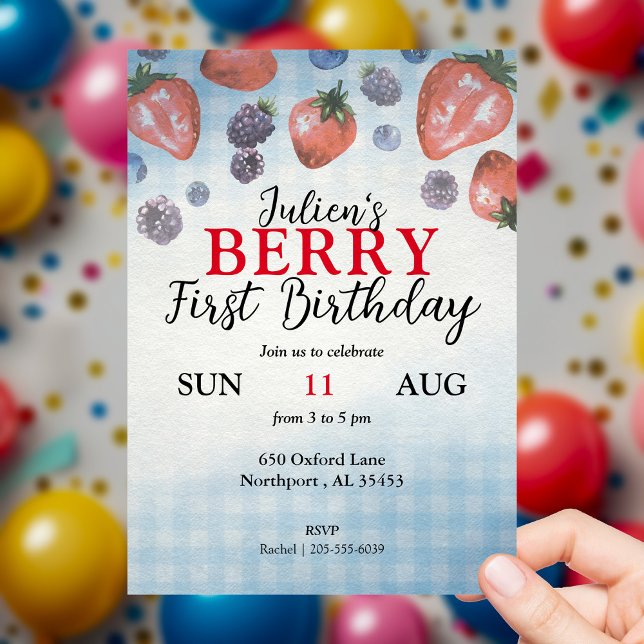 Baby Berry Invitation de fête d'anniversaire (Baby's BERRY First Birthday invitation | Fruit, Summer, Berries, Buffalo Check, Picnic)