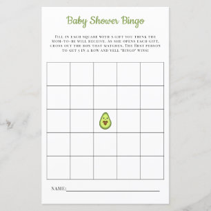 Baby Bingo Card Kawaii Avocado Baby shower Jeu
