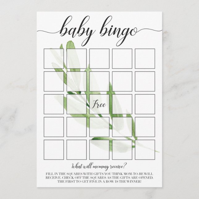 Baby Bingo Cartes pour Baby shower de verdure Thèm (Devant)