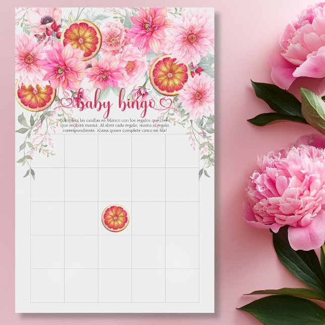 Baby Bingo Citrus rose Baby shower espagnol jeu (Spanish Baby bingo citrus and pink watercolor flowers baby shower game)