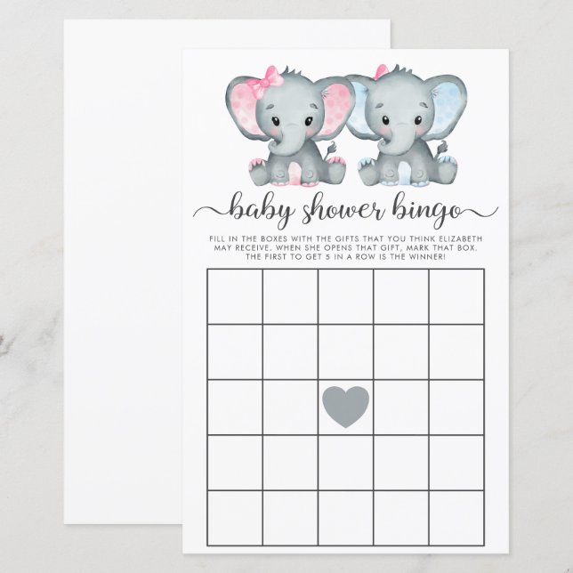 Baby Bingo Twin Girl Boy Elephant Douche Jeu (Devant / Derrière)