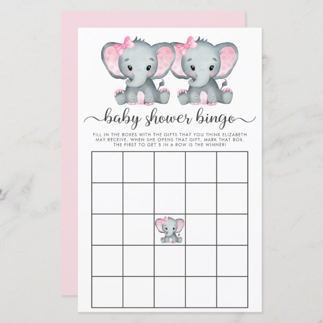 Baby Bingo Twin Girls Elephant Shower Game (Devant / Derrière)