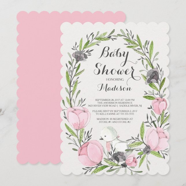 Baby Bird rose Floral Girl Baby shower Invitation (Devant / Derrière)