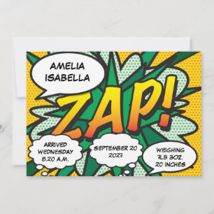 Baby Birth Stats Comic Book Pop Art Faire-part