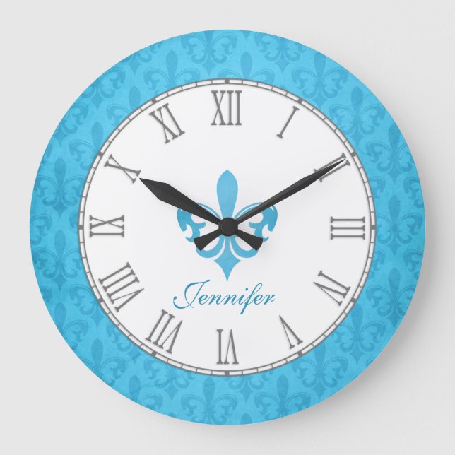 Baby bleu fleur de lis damask nom horloge murale (Recto)