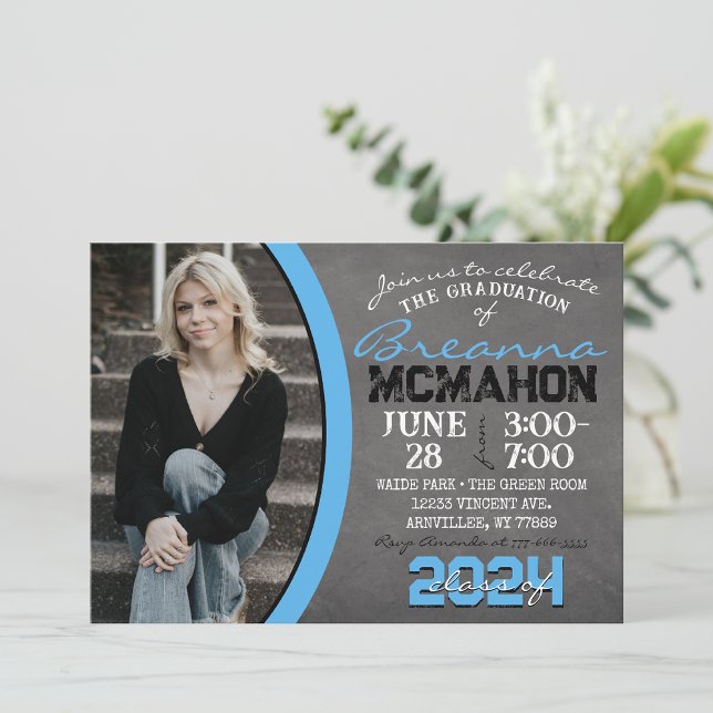 Baby Blue Chalkboard Graduation Photo Invitation (Créateur téléchargé)