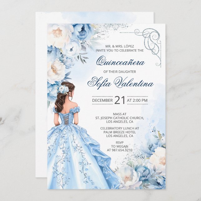 Baby Blue Cinderella Quinceañera Invitation (Devant / Derrière)