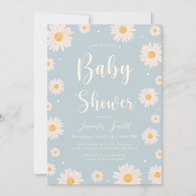 Baby Blue Daisy Floral Girl Baby shower Invitation (Devant)