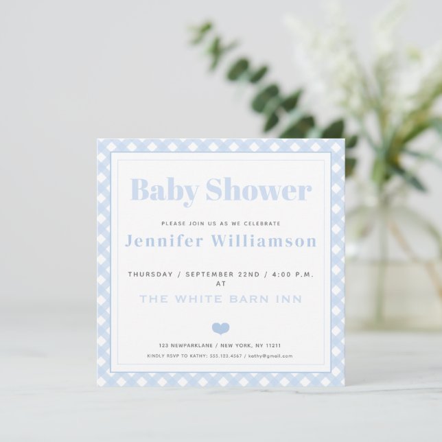 Baby Blue En vichy Motif Baby shower Invitation (Debout devant)