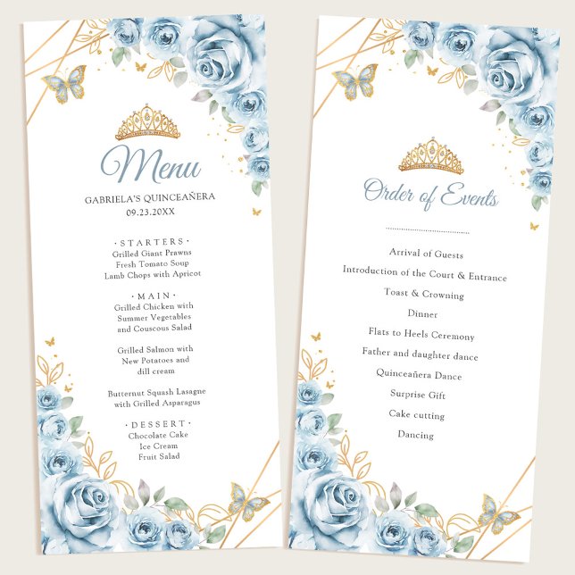 Baby Blue Gold Floral Quinceanera Programme Menu (Créateur téléchargé)