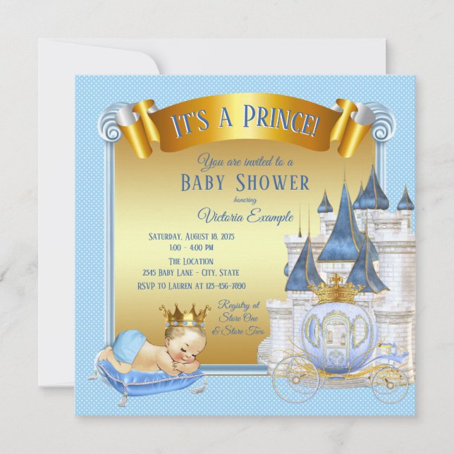 Baby Blue Gold Prince Baby Shower Invitations (Devant)