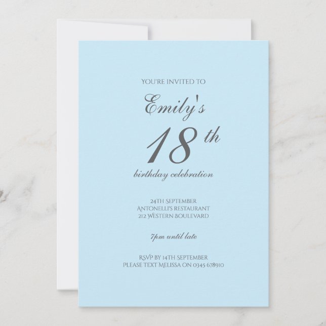 Baby Blue Minimalist 18th Birthday Invitation (Devant)