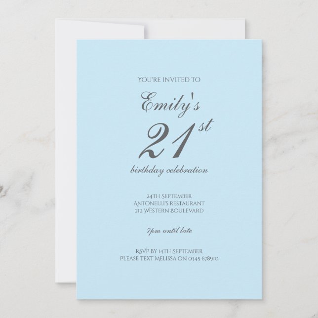 Baby Blue Minimalist 21st Birthday Invitation (Devant)
