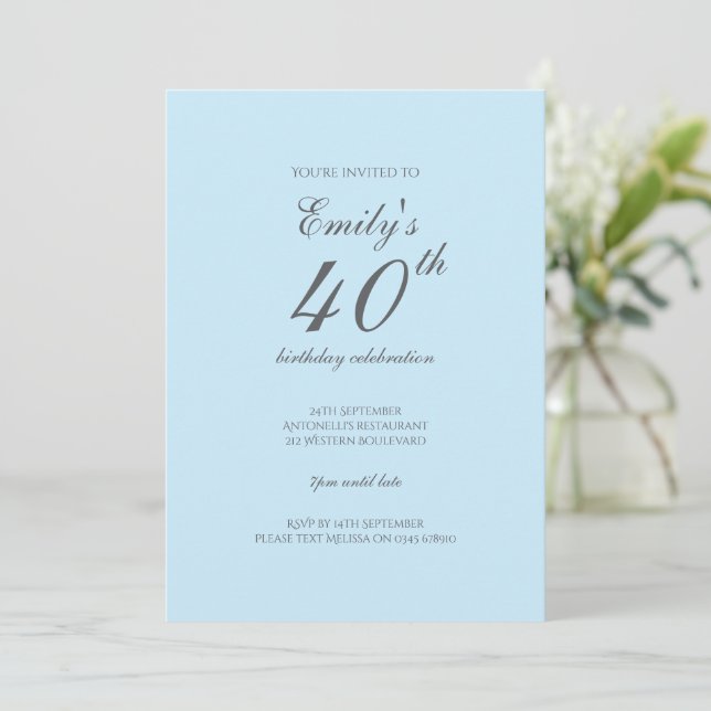Baby Blue Minimalist 40th Birthday Invitation (Debout devant)