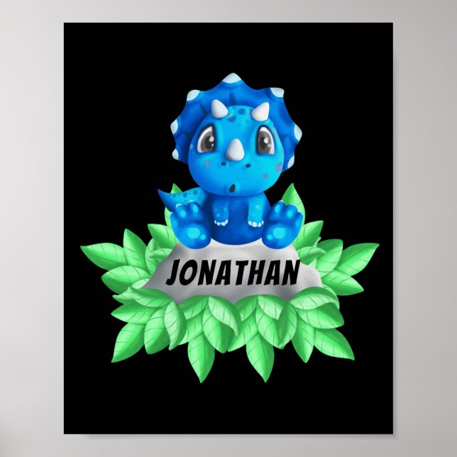 Baby Blue Triceratops Dinosaur Poster noir (Devant)