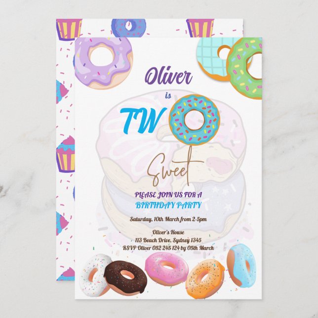 Baby boy 2e anniversaire Donut invitation (Devant / Derrière)