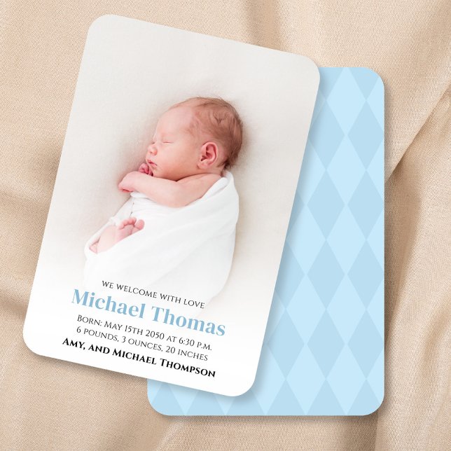 Baby Boy Birth Photo Custom Blue (Blue baby birth announcement with blue herringbone pattern.)