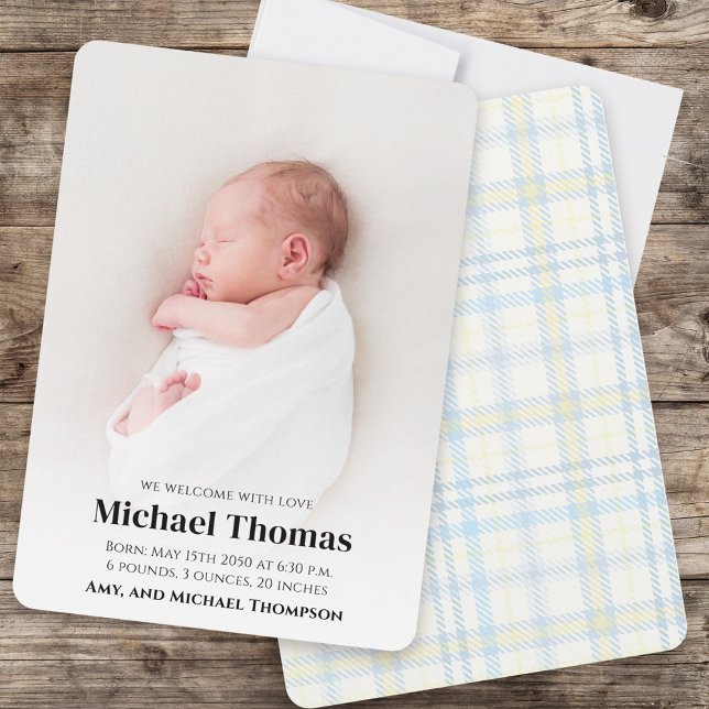 Baby Boy Birth Photo Custom Blue Plaid (Baby boy birth announcement. )