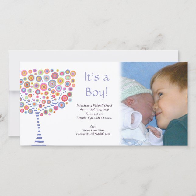 Baby Boy Birth Retro Tree Faire-part Photocard (Devant)
