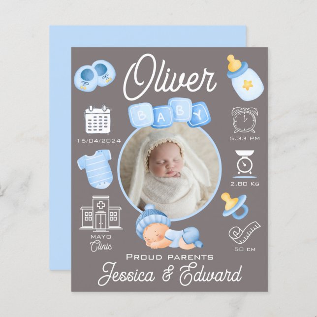 Baby Boy Birth Statistiques Blue Grey Nouveau-né M (Devant / Derrière)