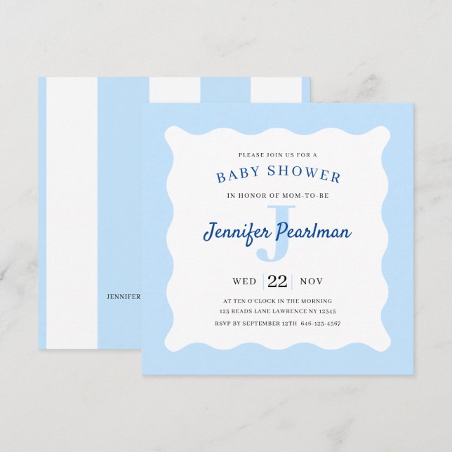 Baby Boy Blue Monogram Douche Invitation (Devant / Derrière)