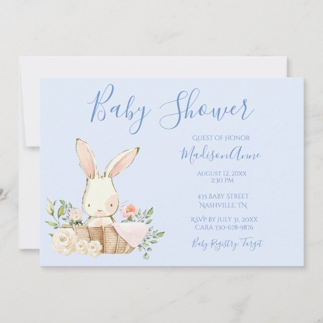 Baby Boy Blue Script mignon Bunny Baby Invitation (Devant)