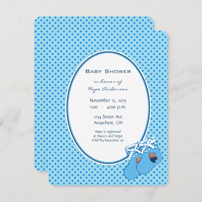 Baby Boy Blue Train Ours Douche Faire-part (Devant / Derrière)