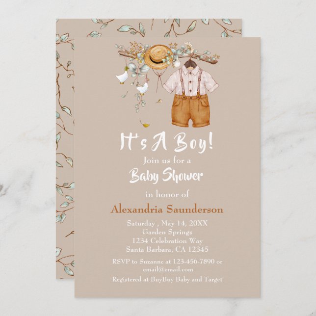 Baby Boy Boho Rustic Green Invitation (Devant / Derrière)