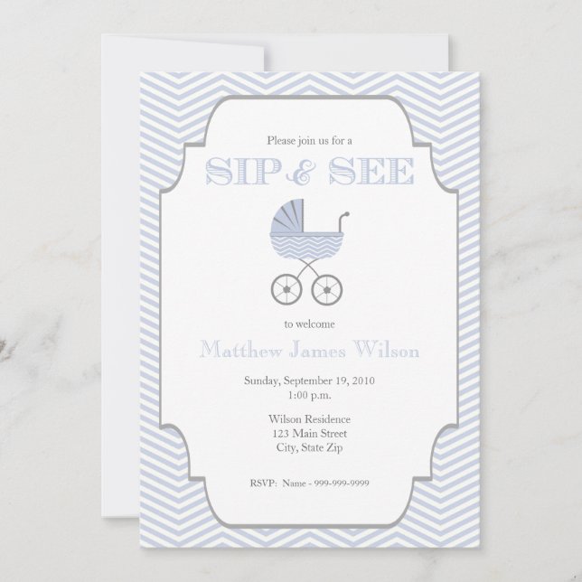 Baby Boy Chevron Sip and See Invitation (Devant)