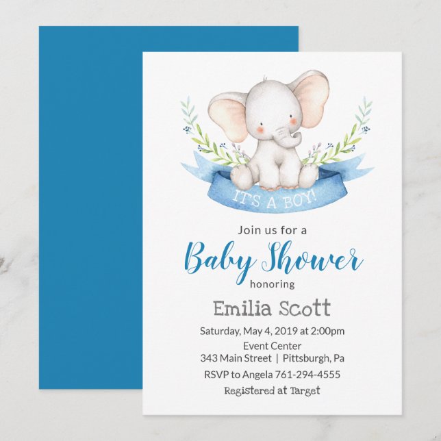 Baby Boy Elephant Baby Shower Invitations (Devant / Derrière)
