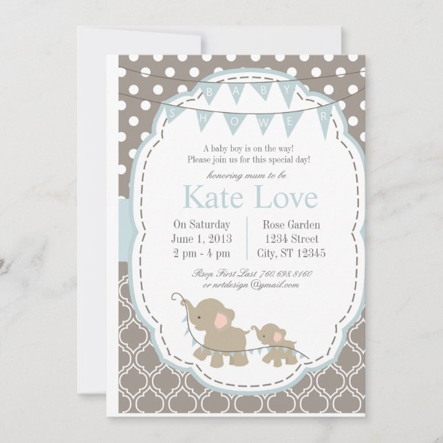 Baby Boy Elephant - Invitation Baby shower (Devant)
