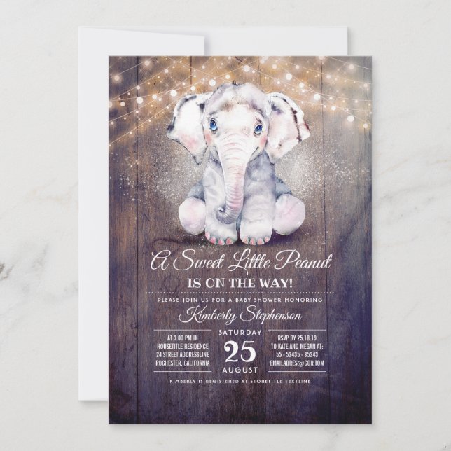 Baby Boy Elephant Rustique Baby shower Invitation (Devant)