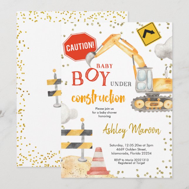 Baby Boy en construction Baby shower Invitation (Devant / Derrière)