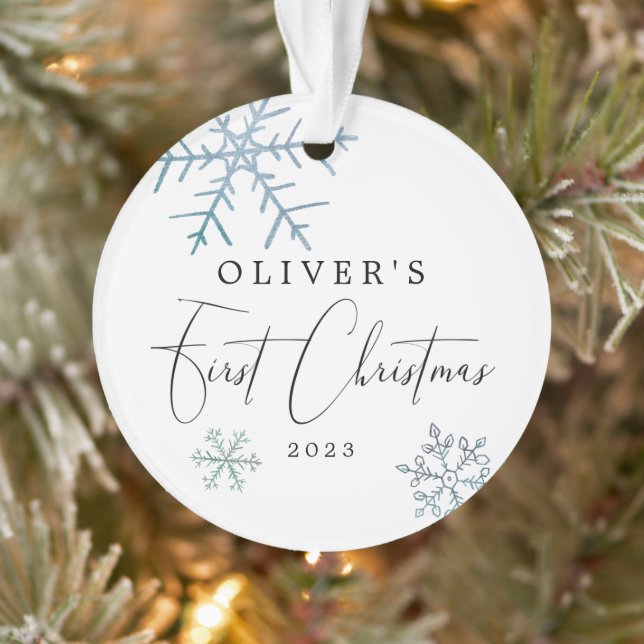 Baby Boy First Christmas Modern Script Photo (Arbre)