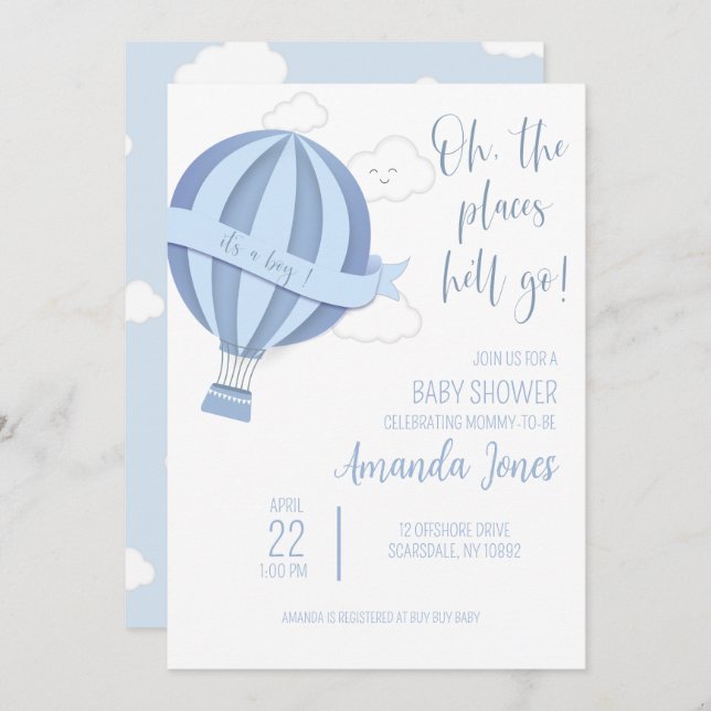 Baby Boy Hot Air Balloon Shower Invitation (Devant / Derrière)