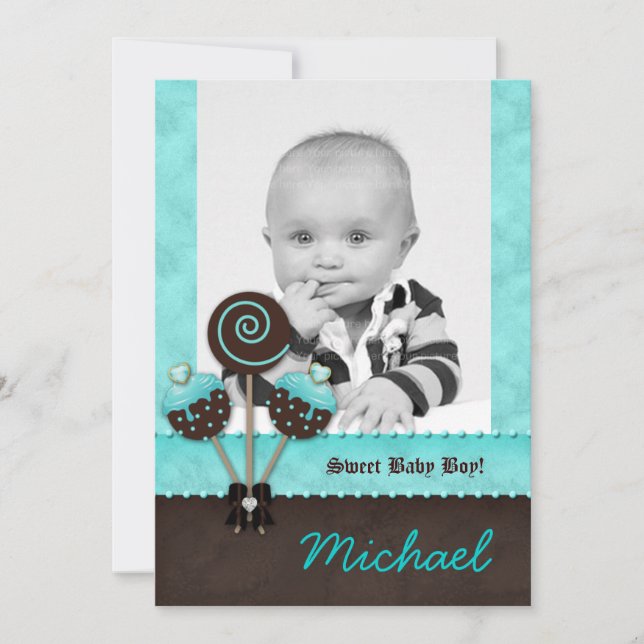 Baby Boy Invitation Faire-part Gâteau Pops bleu V (Devant)
