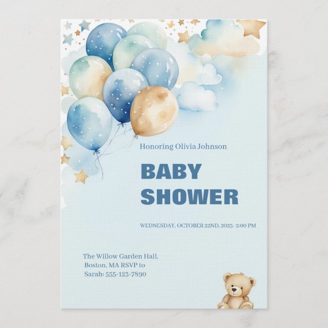 Baby Boy Shower Invitation | Blue Teddy Bear (Devant)