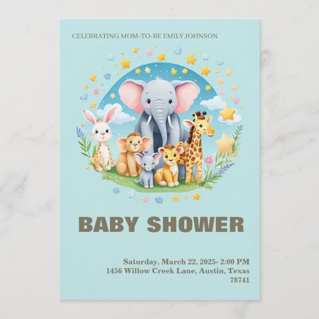 Baby Boy Shower Invitation Cartoon Animals (Devant)