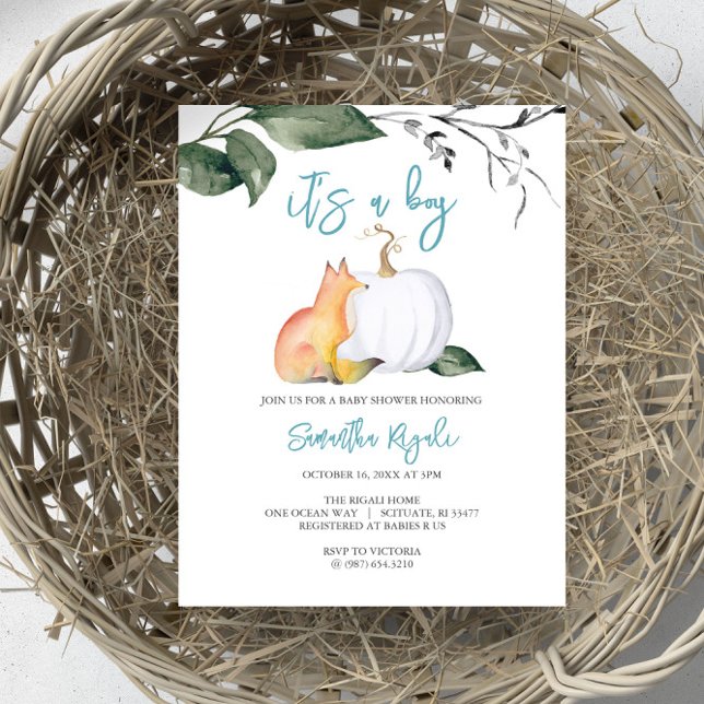 Baby Boy Shower Invitations Watercolor Fox Citroui (Autumn-themed baby shower invites boy woodland fox and white pumpkin foliage)