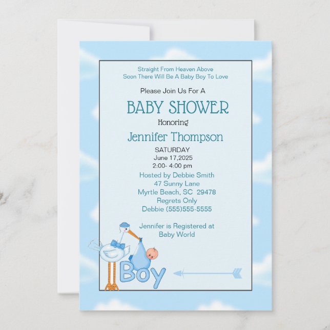 Baby Boy Stork Shower Invitations (Devant)