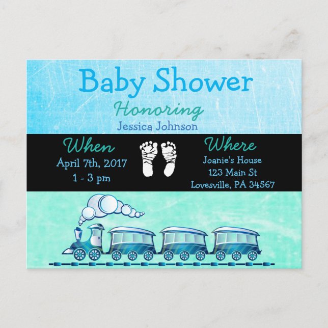 Baby Boy Train Blue Baby shower Invitation (Devant)