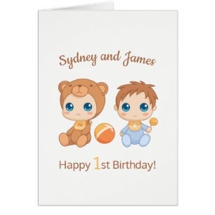 Baby Boy Twins First Birthday Names Card