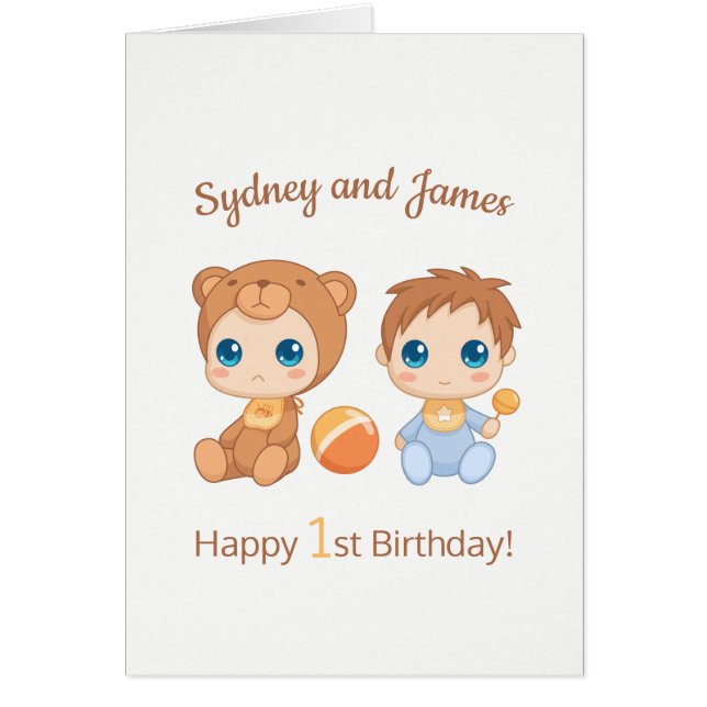 Baby Boy Twins First Birthday Names Card (Devant)