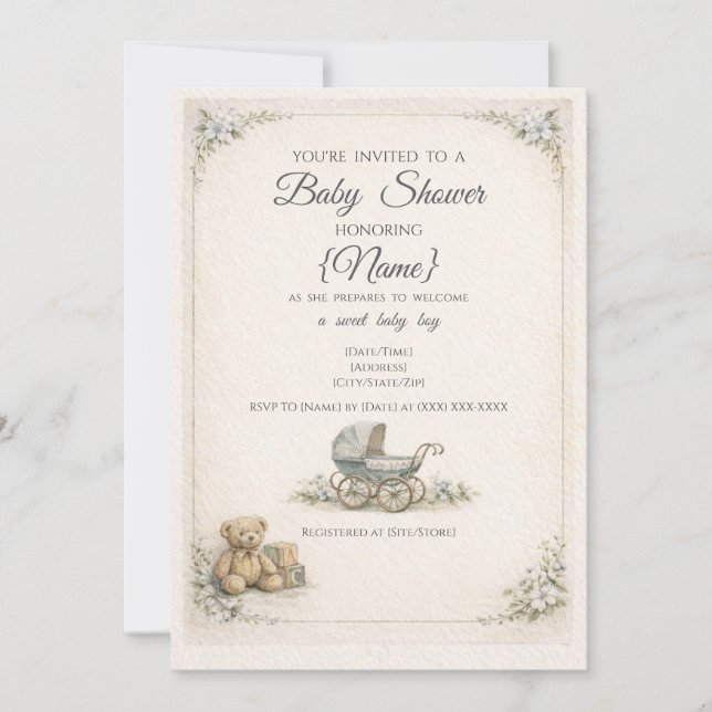 Baby Boy Vintage Baby Shower Invitation (Devant)