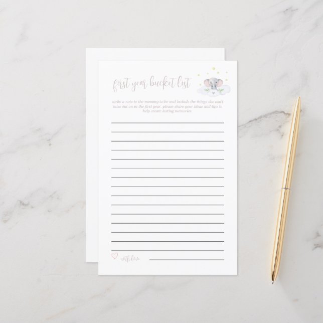 Baby Bucket List Jeu Elephant Baby shower rose (Devant/Arrière en situation)