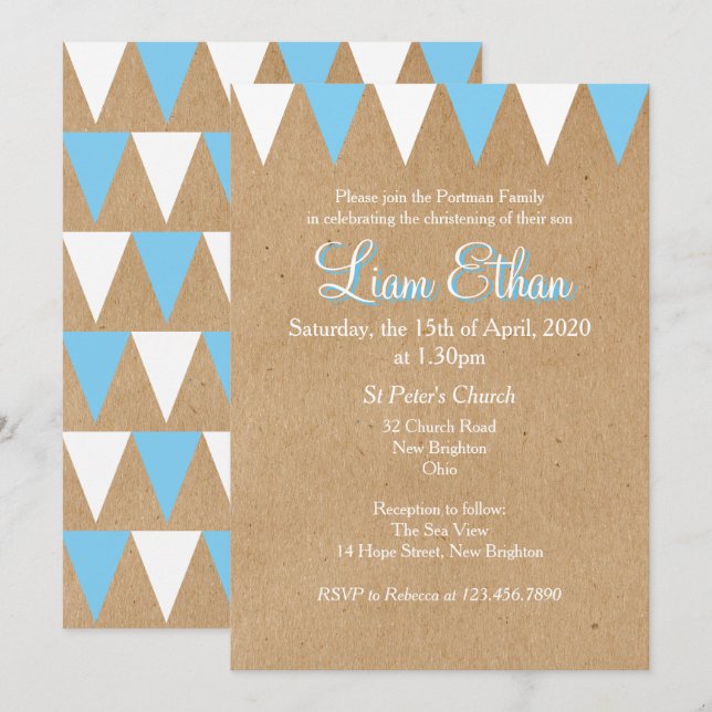 Baby Bunting Baptême Bleu Christening Invitation (Devant / Derrière)