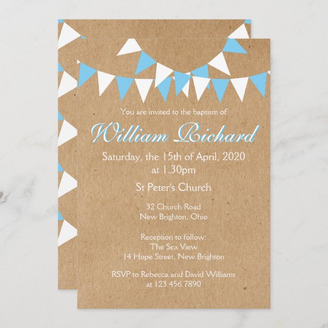 Baby Bunting Baptême Bleu Christening Invitation (Devant / Derrière)
